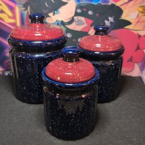 Vintage Blue And Red Speckled Ceramic Canister Set of 3 Different Sizes